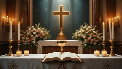 Golden Cross and Open Bible in Church with Candles and Flowers