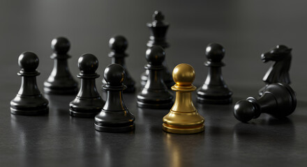 Chess Strategy: Golden Pawn Leading the Charge Against Black Pieces. Strategic Advantage & Leadership in Chess Game, 3D Render.