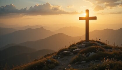 Wooden Cross Silhouette on Mountain Peak at Sunset with Golden Light
