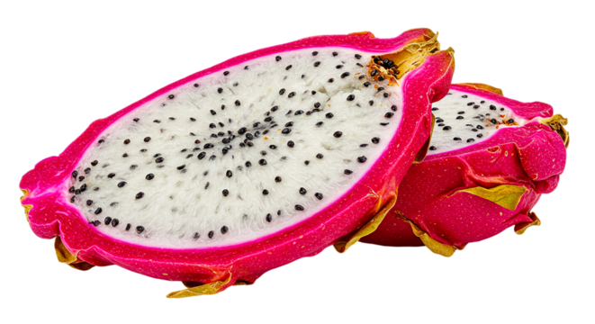Two slices of dragon fruit with white flesh and black seeds on a black background close up view