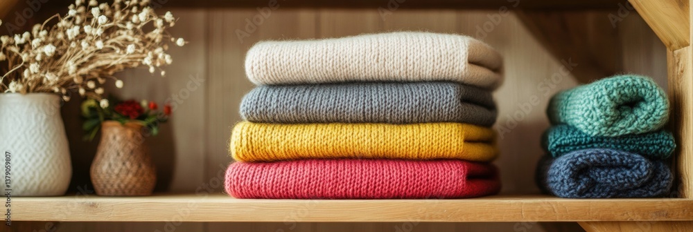 Poster comfy folded sweaters in rainbow colors neatly displayed on a wooden shelf with soft lighting for a 