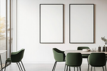 Minimalist dining room with two framed blank posters on light wall. 3D Rendering
