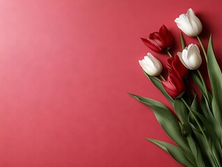 Fototapeta premium A bunch of red and white tulips on a red background