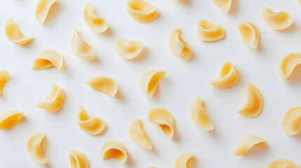 Obraz premium A close-up of macaroni noodles scattered in a random pattern across a plain white background.