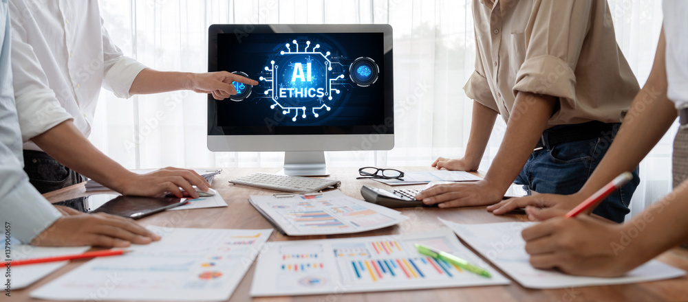 Poster ai ethics responsibility standard law and rules on computer screen provide report of ai ethic transp
