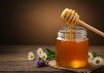 A golden, sweet, natural honey in a glass jar with a wooden dipper, isolated on white, is a delicious and healthy organic food product