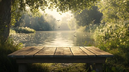 Naklejka premium Cozy wooden table on a riverbank, birds flying over the water, peaceful and natural ambiance generative ai