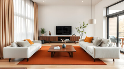 japandi style modern living room with stylish curved sofa and wooden coffee table near window dressed with beige curtains minimalist home interior design photography