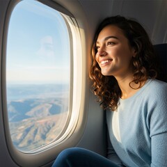 young woman is traveling by plane with her face looking out the plane window
