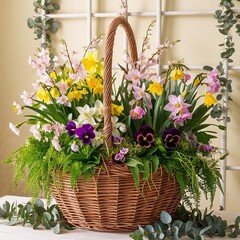 spring bouquet in a basket with multi-colored daffodils, viola and cherry