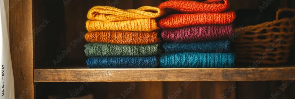 Poster stack of folded sweaters in vibrant rainbow colors on wooden shelf with soft lighting creating a coz