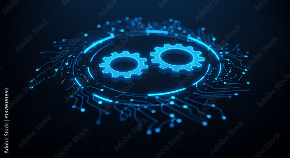 Poster glowing gears: tech innovation, automation, and ai-powered solutions in a digital circuit design