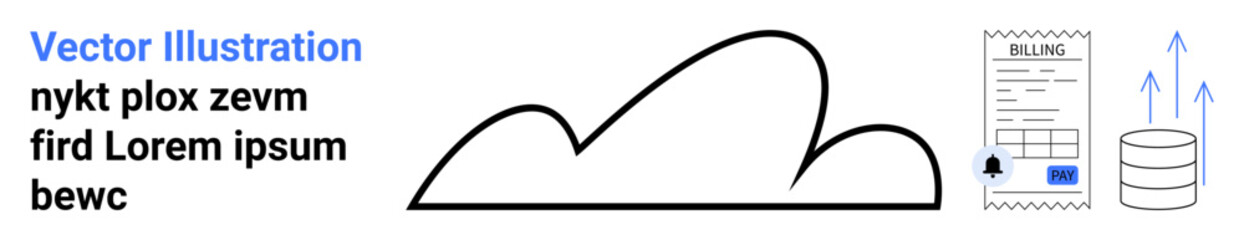 Cloud graphic with database icon, arrows showing growth, and invoice document. Ideal for technology, finance, data storage, digital services, cloud computing, payment systems simple landing page