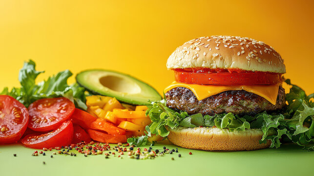 Vibrant fresh salad contrasts with greasy fast-food burger in enticing culinary display