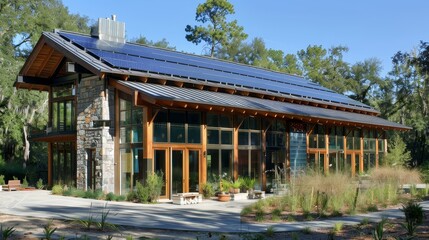 Fototapeta premium Sustainable Home Design: Solar Powered vs Traditional - Eco-friendly house showcasing solar panels, energy efficiency, natural materials