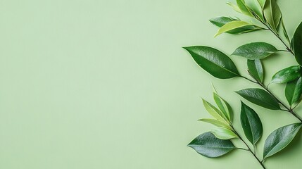  A tree leaf with green color on light green background, providing space for text or image insertion