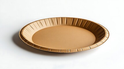 A slightly curled-edge disposable cardboard plate, emphasizing biodegradable material and eco-conscious design, hyper-realistic, isolated on solid white background.