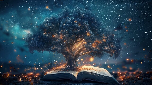 Tree of Knowledge Emerging from Book - A magical tree glows with inner light, sprouting from an open book under a starry night sky. Fantasy, mystical, and enchanting