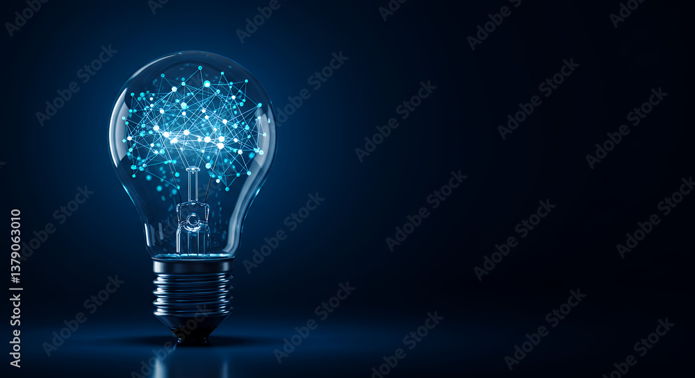 Poster innovative thinking: light bulb with neural network connection - idea generation, technology, & arti