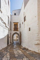 Scenic view of Ostuni, Italy's 'White City,' showcasing whitewashed buildings under a clear blue sky, with narrow streets and historic architecture illuminated by sunlight.