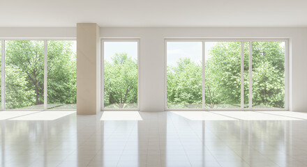 Fototapeta premium Bright Modern Interior: Sunlit Empty Room with Large Windows Overlooking Green Trees - Minimalist Design, Clean Aesthetics, Serene Atmosphere