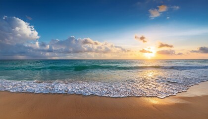 scenic sunrise beach ocean waves sandy shore summer vacation sky sea calm blue water white clouds