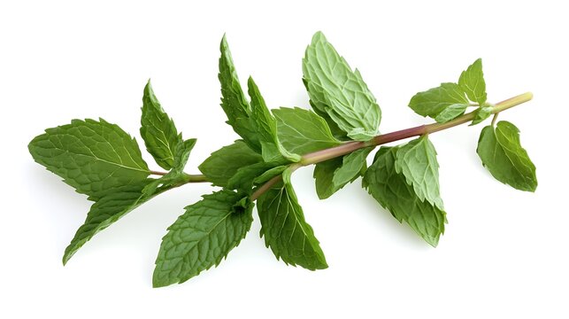 A sprig of fresh mint with multiple leaves attached to a stem, sharp and natural, ultra-HD, isolated on solid white background.