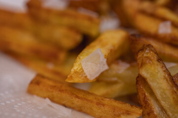 Golden crispy potato wedges sprinkled with sea salt, close-up. Perfect comfort food concept, perfect for fast food menus, advertising and food blogs, selective focus