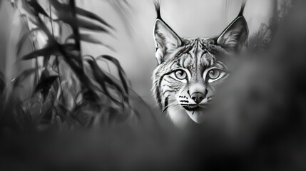  A monochrome image features a feline's countenance, set against the backdrop of bamboo stalks, on a dark and white canvas