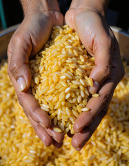A pair of hands gently cradles a handful of golden barley grains, set against a backdrop of an open container brimming with the same yellow seeds
