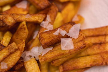 Golden crispy potato wedges sprinkled with sea salt, close-up. Perfect comfort food concept, perfect for fast food menus, advertising and food blogs, selective focus