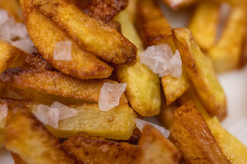Golden crispy potato wedges sprinkled with sea salt, close-up. Perfect comfort food concept, perfect for fast food menus, advertising and food blogs, selective focus