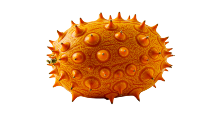 Close up shot of a horned melon with a spiky orange rind on a black background for product photography