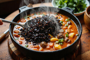 A steaming bowl of hearty stew, featuring black rice, carrots, and other vegetables, is being ladled into a cast iron skillet Steam rises from the hot dish as its served