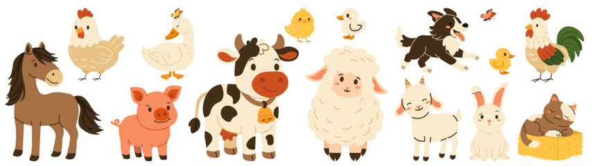 Flat style illustration of various farm animals including cow, pig, horse, sheep, goat, dog, cat, duck, chicken, rooster, chick, and rabbit, perfect for children’s books, games, and farm-themed design