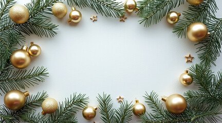 Fototapeta premium elegant golden christmas ornaments and pine sprigs frame on white background