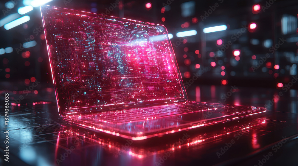 Poster transparent laptop with quantum circuits and holographic keyboard in futuristic workspace