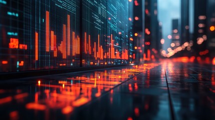 Obraz premium Futuristic Digital Cityscape: Advanced Data Analysis & Financial Market Visualization with Neon Elements