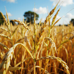 Golden wheat field under a clear blue sky, showcasing the vibrant growth and ripening of the crop
