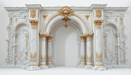 Obraz premium Antique arch with richly decorated snow-white columns with golden stucco isolated on white background, wedding mood, wedding venue for ceremony