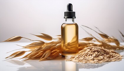 Fototapeta premium 2 a bottle of oat extract with oat grains and a few drops of extract on a clean surface