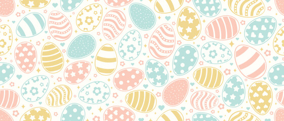 Happy Easter Vector Greeting Design Element. Decorative Easter Eggs Seamless Pattern. Decorated and painted eggs texture. Repeatable Endless Flat Style Design in Creative Pastel Colors. 