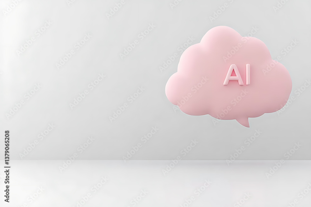 Poster conceptual ai cloud symbol in pink against a neutral background, representing data processing and in