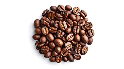 A top-down view of fresh coffee beans in a neat circular pattern, highly detailed natural textures, ultra-realistic, isolated on solid white background.