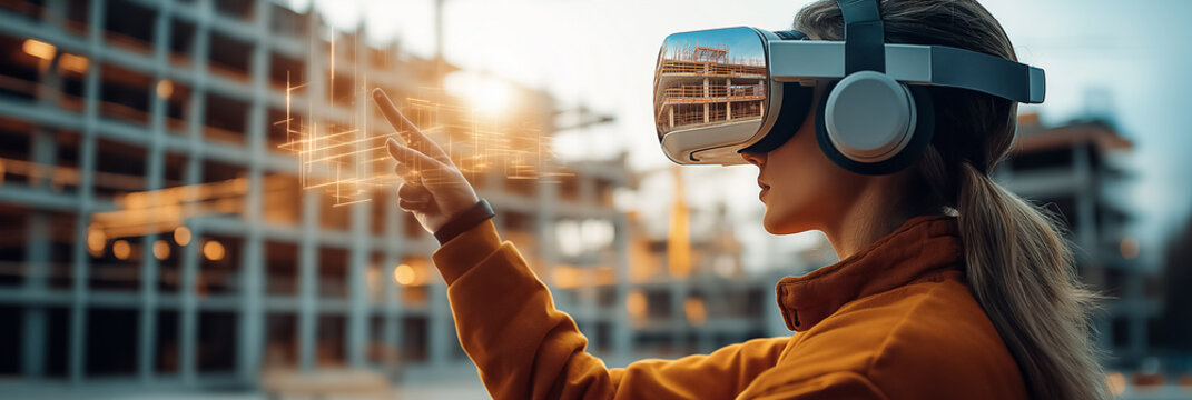 Woman wearing virtual reality headset interacting with architectural visualization on construction site. Bright sunset casts warm glow over building structure