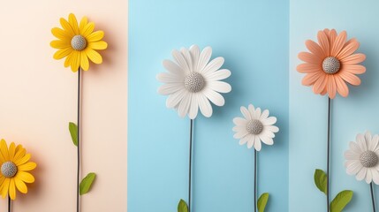 whimsical flower illustration, a contemporary and cheerful seamless background featuring d-rendered whimsical flowers in vibrant colors, ideal for playful bloemencorso-themed wrapping paper