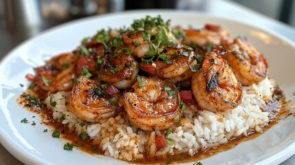 Grilled shrimp and rice dish, restaurant setting
