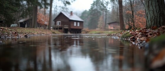 A serene, reflective stream leads to a rustic wooden cabin, surrounded by forest and fallen leaves, enshrining tranquility and a peaceful retreat from the world.