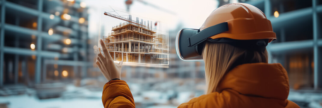 Construction worker wearing virtual reality headset interacts with 3D building model. Urban construction site setting with cranes and scaffolding visible