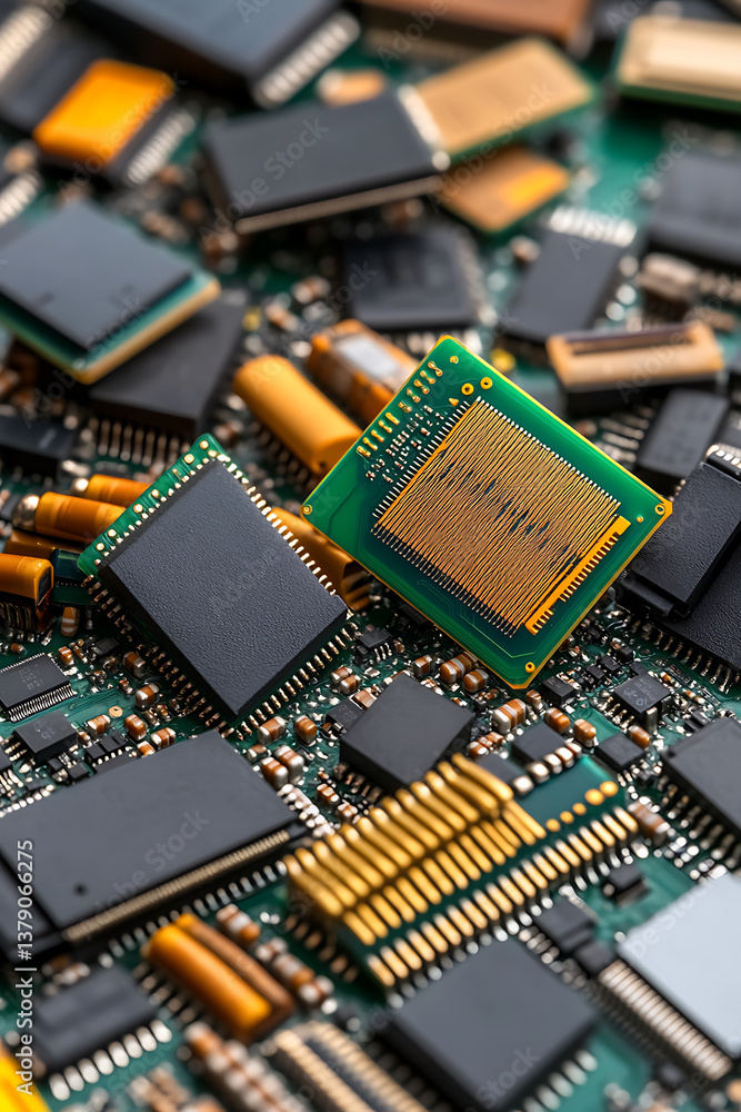 Poster high-angle shot showcases a vibrant circuit board filled with various components, creating a complex